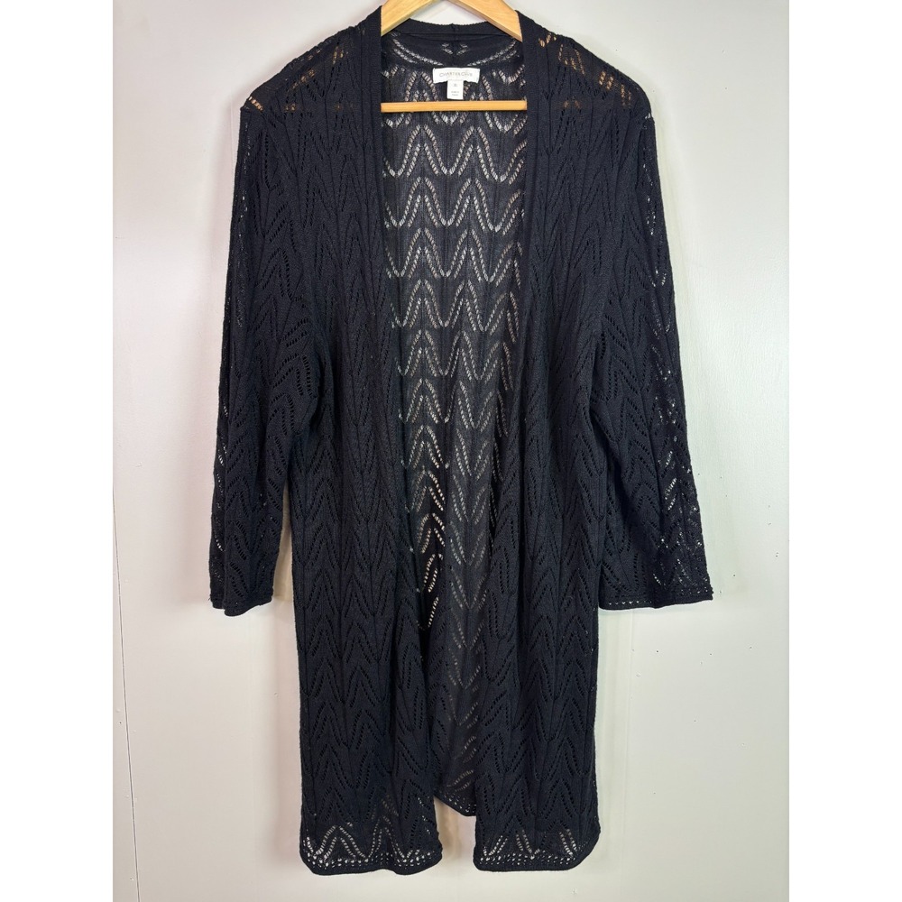 Charter Club Cardigan XL Black Pointelle Knit Sheer Open-Front Sweater Women's